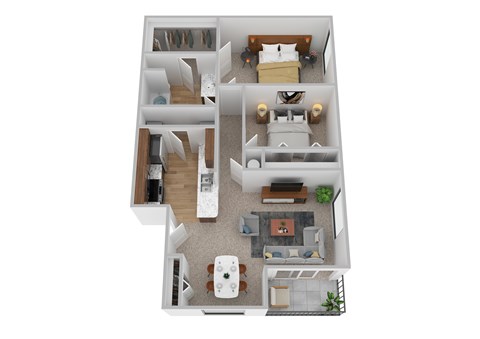 A 3D floor plan of a small apartment with a kitchen, living room, and bedroom.